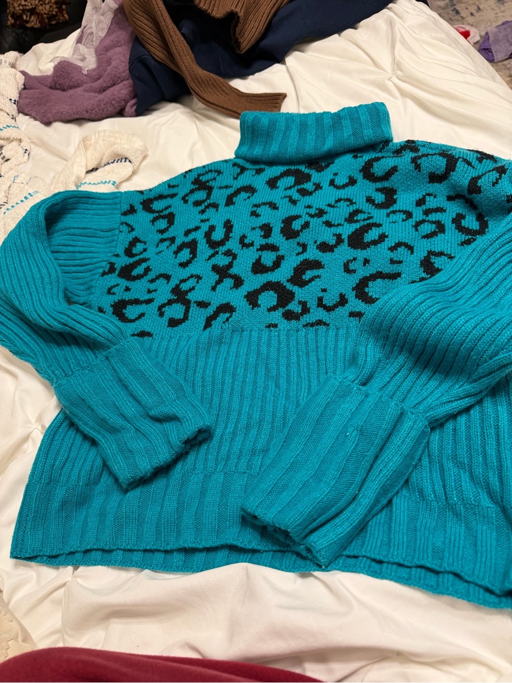 Nine West Teal and Black Leopard-Print Turtleneck Sweater